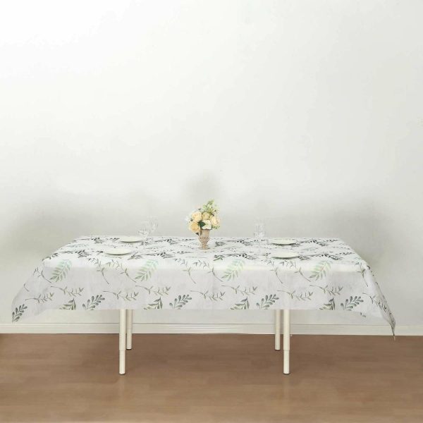 Disposable Tablecloth Collection |  60″x102″ White Green Non-Woven Rectangular Table Cover With Olive Leaves Print, Spring Summer Dining Tablecloth