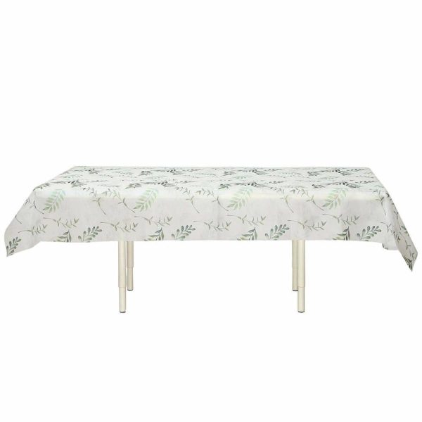 Disposable Tablecloth Collection |  60″x102″ White Green Non-Woven Rectangular Table Cover With Olive Leaves Print, Spring Summer Dining Tablecloth