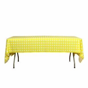 Disposable Tablecloth Collection |  White Yellow Checkered Rectangle Plastic Table Cover, 54″x108″ PVC Waterproof Disposable Tablecloth