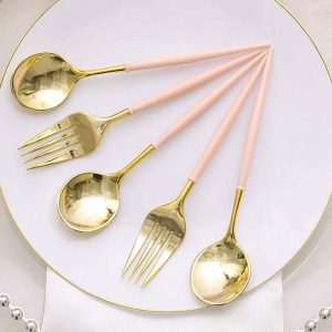 Disposable Utensils |  24 Pack 6″ Gold Rose Gold Premium Disposable Fork Spoon Silverware Set, Modern Heavy Duty Plastic Utensils