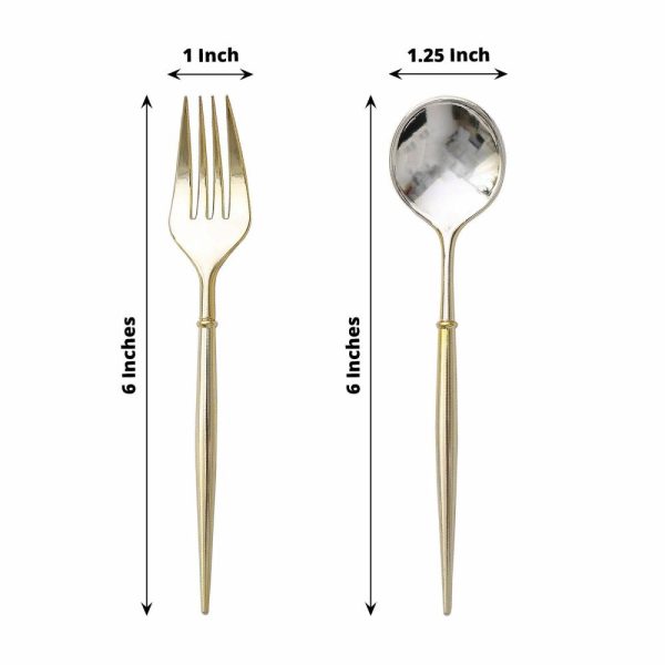 Disposable Utensils |  24 Pack 6″ Metallic Gold Premium Disposable Fork Spoon Silverware Set, Modern Heavy Duty Plastic Utensils