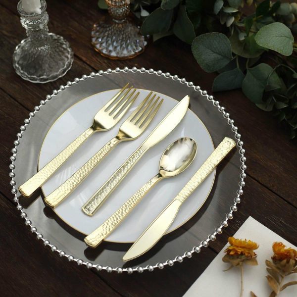 Disposable Utensils |  24 Pack 7″ Hammered Design Gold Heavy Duty Plastic Silverware Set