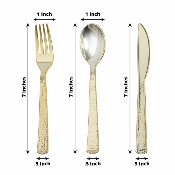 Disposable Utensils |  24 Pack 7″ Hammered Design Gold Heavy Duty Plastic Silverware Set