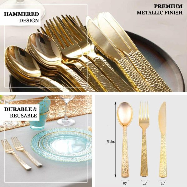 Disposable Utensils |  24 Pack 7″ Hammered Design Gold Heavy Duty Plastic Silverware Set