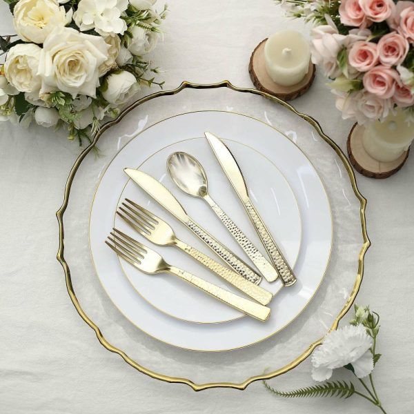 Disposable Utensils |  24 Pack 7″ Hammered Design Gold Heavy Duty Plastic Silverware Set