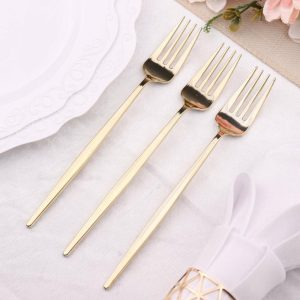 Disposable Utensils |  24 Pack 8″ Glossy Gold Heavy Duty Plastic Silverware Forks Cutlery, Premium Disposable Sleek Flatware