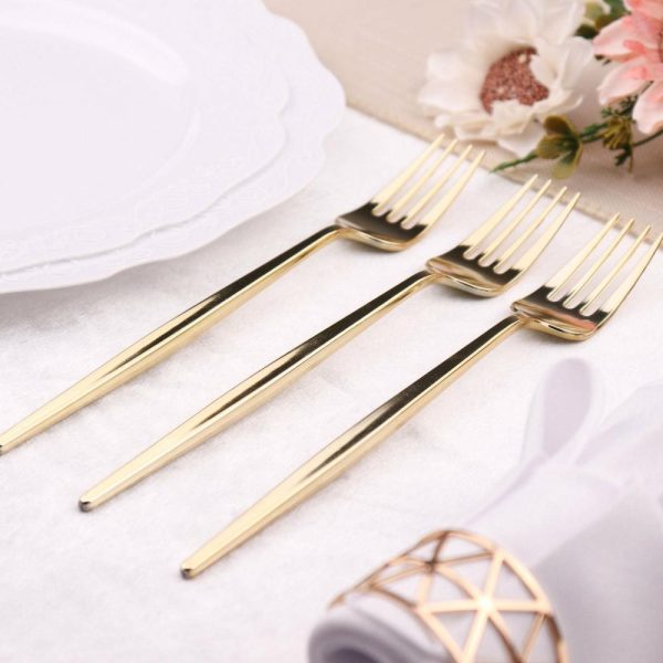 Disposable Utensils |  24 Pack 8″ Glossy Gold Heavy Duty Plastic Silverware Forks Cutlery, Premium Disposable Sleek Flatware