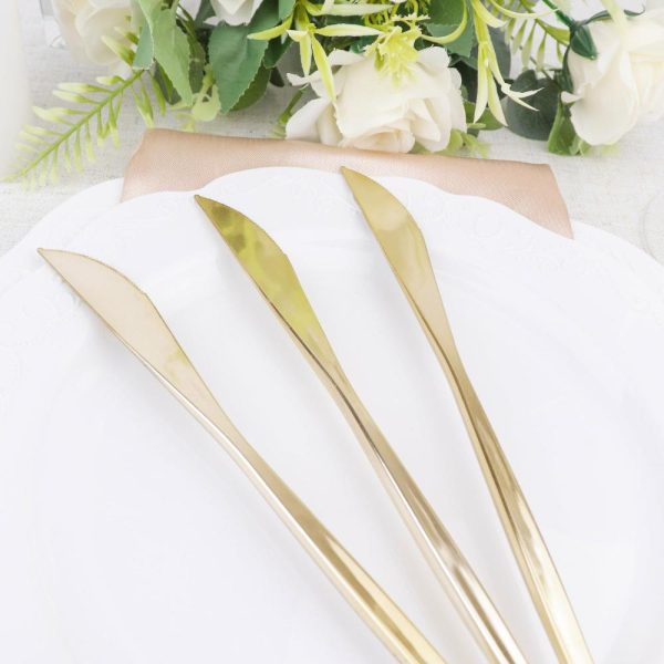 Disposable Utensils |  24 Pack 8″ Glossy Gold Heavy Duty Plastic Silverware Knives Cutlery, Premium Disposable Sleek Flatware