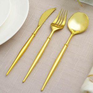 Disposable Utensils |  24 Pack 8″ Gold Modern Plastic Silverware Set Heavy Duty Flatware, Disposable Cutlery