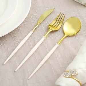 Disposable Utensils |  24 Pack 8″ Metallic Gold With Ivory Handle Silverware Set, Modern Premium Plastic Utensil Set