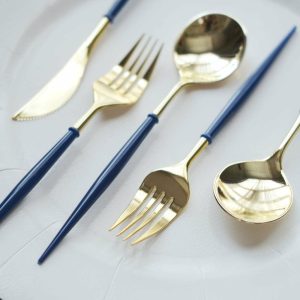 Disposable Utensils |  24 Pack 8″ Metallic Gold With Royal Blue Silverware Set, Modern Premium Plastic Utensil Set