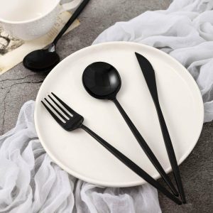 Disposable Utensils |  24 Pack Black Sleek Modern Plastic Silverware Set, Premium Disposable Knife, Spoon & Fork Set – 8″