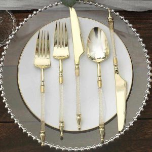 Disposable Utensils |  24 Pack Gold Clear Glittered European Plastic Silverware Set with Roman Column Handle, Disposable Fork, Spoon and Knife Utensil