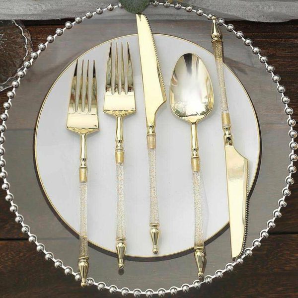 Disposable Utensils |  24 Pack Gold Clear Glittered European Plastic Silverware Set with Roman Column Handle, Disposable Fork, Spoon and Knife Utensil