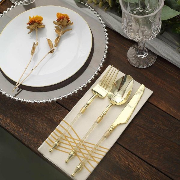 Disposable Utensils |  24 Pack Gold Clear Glittered European Plastic Silverware Set with Roman Column Handle, Disposable Fork, Spoon and Knife Utensil