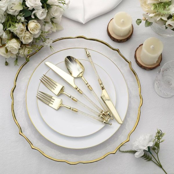 Disposable Utensils |  24 Pack Gold Clear Glittered European Plastic Silverware Set with Roman Column Handle, Disposable Fork, Spoon and Knife Utensil