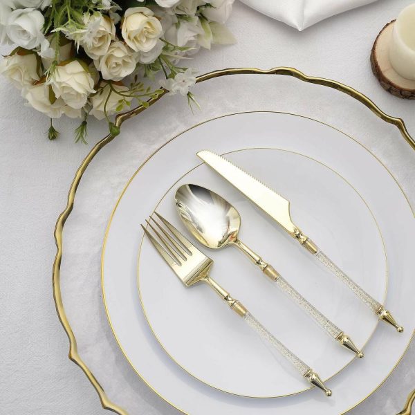 Disposable Utensils |  24 Pack Gold Clear Glittered European Plastic Silverware Set with Roman Column Handle, Disposable Fork, Spoon and Knife Utensil