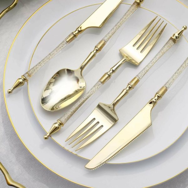 Disposable Utensils |  24 Pack Gold Clear Glittered European Plastic Silverware Set with Roman Column Handle, Disposable Fork, Spoon and Knife Utensil