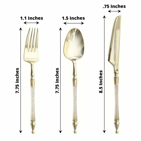 Disposable Utensils |  24 Pack Gold Clear Glittered European Plastic Silverware Set with Roman Column Handle, Disposable Fork, Spoon and Knife Utensil