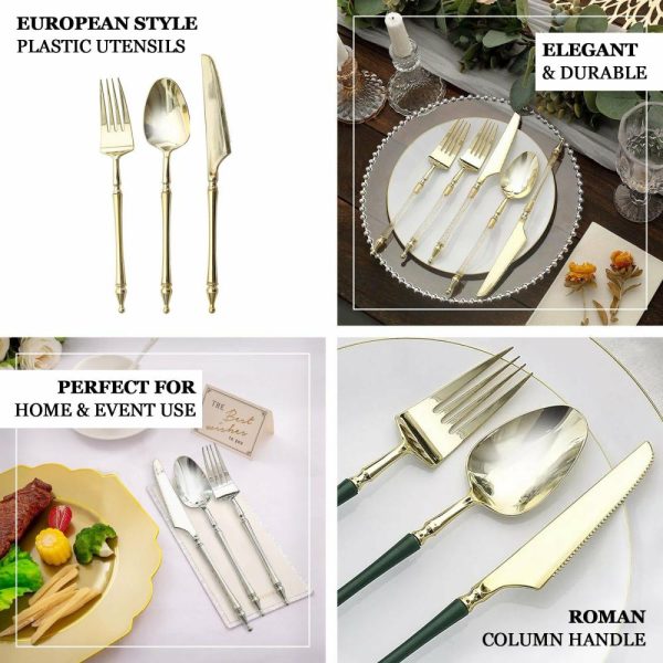 Disposable Utensils |  24 Pack Gold Clear Glittered European Plastic Silverware Set with Roman Column Handle, Disposable Fork, Spoon and Knife Utensil