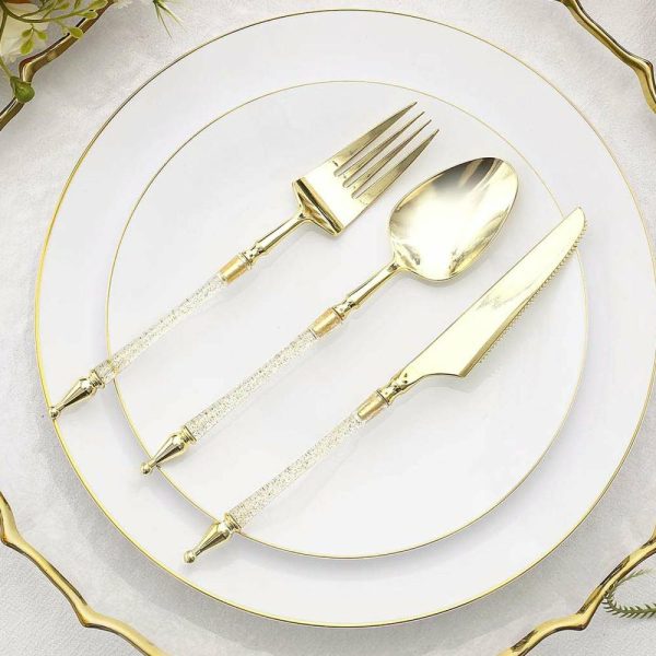 Disposable Utensils |  24 Pack Gold Clear Glittered European Plastic Silverware Set with Roman Column Handle, Disposable Fork, Spoon and Knife Utensil