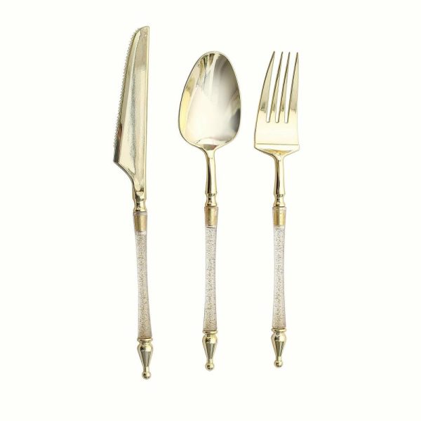 Disposable Utensils |  24 Pack Gold Clear Glittered European Plastic Silverware Set with Roman Column Handle, Disposable Fork, Spoon and Knife Utensil