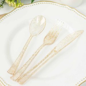 Disposable Utensils |  24 Pack Gold Glitter Heavy Duty Plastic Silverware Set