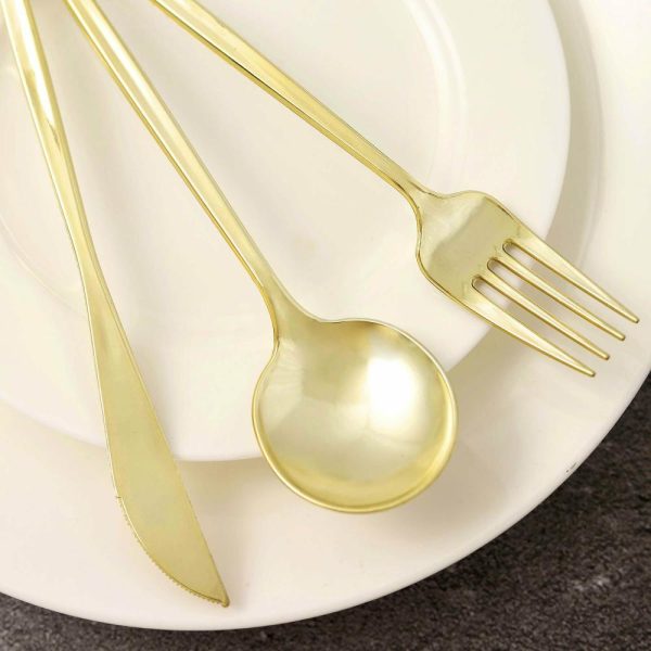 Disposable Utensils |  24 Pack Gold Sleek Modern Plastic Silverware Set, Premium Disposable Knife, Spoon & Fork Set – 8″