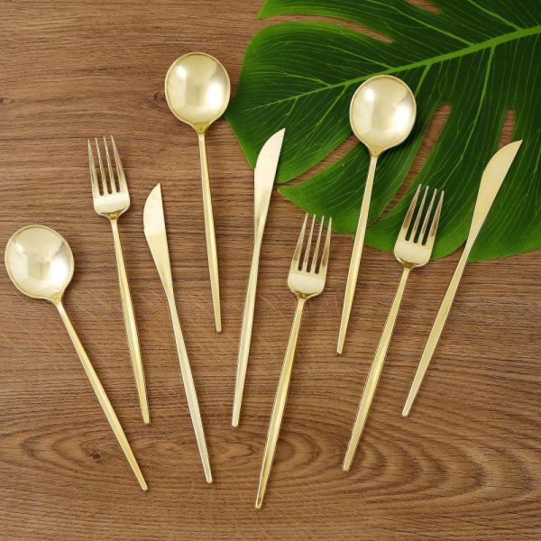 Disposable Utensils |  24 Pack Gold Sleek Modern Plastic Silverware Set, Premium Disposable Knife, Spoon & Fork Set – 8″