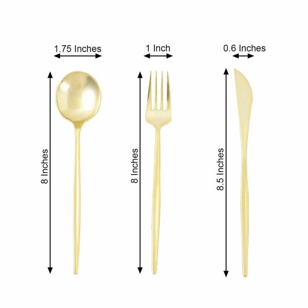 Disposable Utensils |  24 Pack Gold Sleek Modern Plastic Silverware Set, Premium Disposable Knife, Spoon & Fork Set – 8″