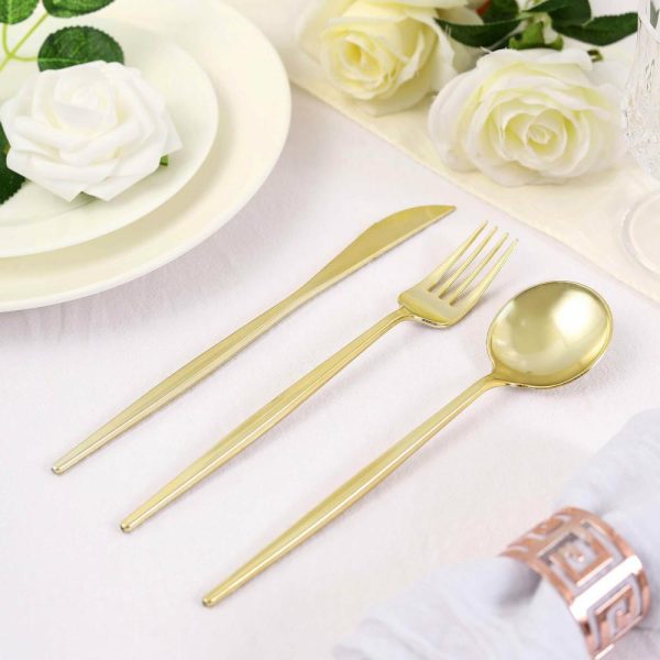 Disposable Utensils |  24 Pack Gold Sleek Modern Plastic Silverware Set, Premium Disposable Knife, Spoon & Fork Set – 8″