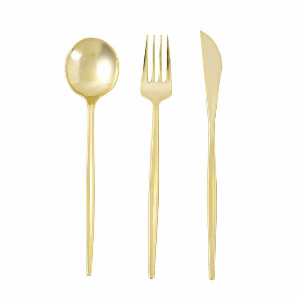 Disposable Utensils |  24 Pack Gold Sleek Modern Plastic Silverware Set, Premium Disposable Knife, Spoon & Fork Set – 8″