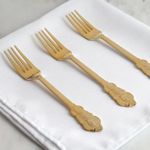 Disposable Utensils |  24 Pack Metallic Gold 8″ Baroque Style Heavy Duty Plastic Forks