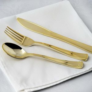 Disposable Utensils |  24 Pack Metallic Gold Classic Heavy Duty Disposable Silverware Set, Plastic Utensils – 7″,8″