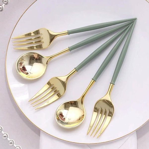 Disposable Utensils |  24 Pack Metallic Gold Dusty Sage Green Premium Disposable Fork Spoon Silverware Set, 6″ Modern Heavy Duty Plastic Utensils