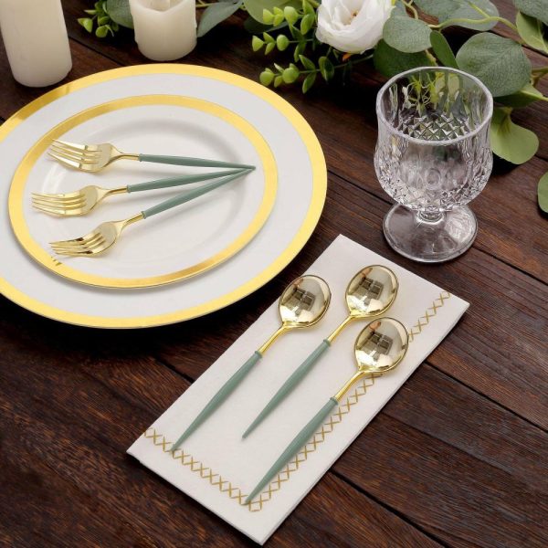 Disposable Utensils |  24 Pack Metallic Gold Dusty Sage Green Premium Disposable Fork Spoon Silverware Set, 6″ Modern Heavy Duty Plastic Utensils