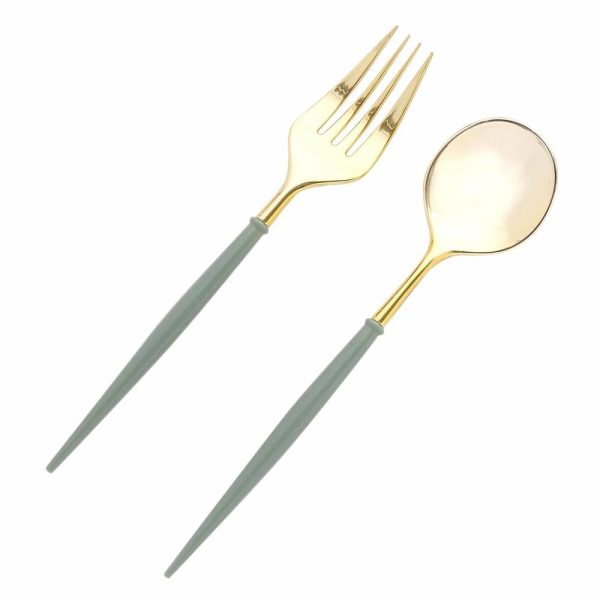 Disposable Utensils |  24 Pack Metallic Gold Dusty Sage Green Premium Disposable Fork Spoon Silverware Set, 6″ Modern Heavy Duty Plastic Utensils