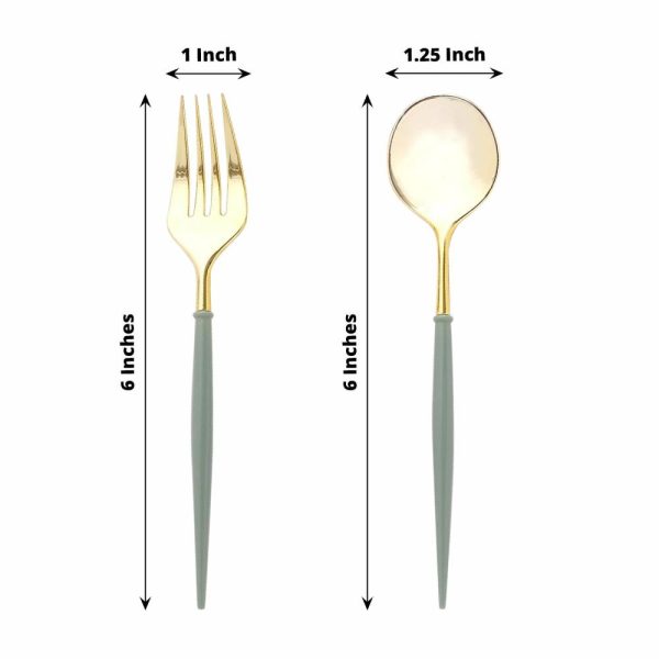 Disposable Utensils |  24 Pack Metallic Gold Dusty Sage Green Premium Disposable Fork Spoon Silverware Set, 6″ Modern Heavy Duty Plastic Utensils