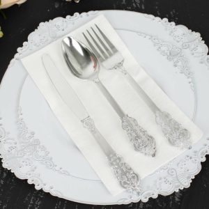 Disposable Utensils |  24 Pack Metallic Silver Baroque Style Heavy Duty Plastic Silverware Set