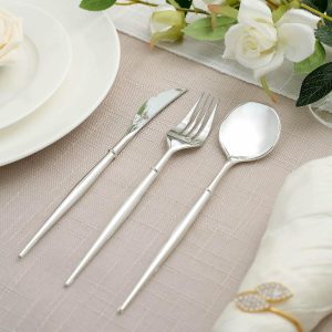 Disposable Utensils |  24 Pack Silver 8″ Modern Flatware Set, Heavy Duty Plastic Silverware, Disposable Cutlery