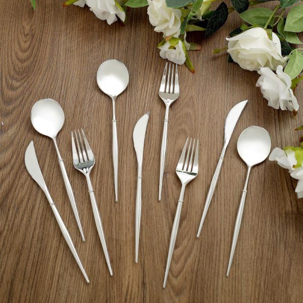 Disposable Utensils |  24 Pack Silver 8″ Modern Flatware Set, Heavy Duty Plastic Silverware, Disposable Cutlery