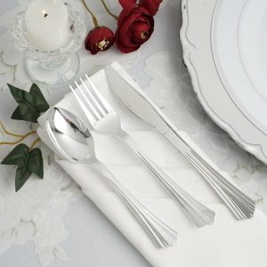 Disposable Utensils |  24 Pack Silver Heavy Duty Disposable Silverware Set With Fluted Handles, Plastic Utensils – 6″,7″