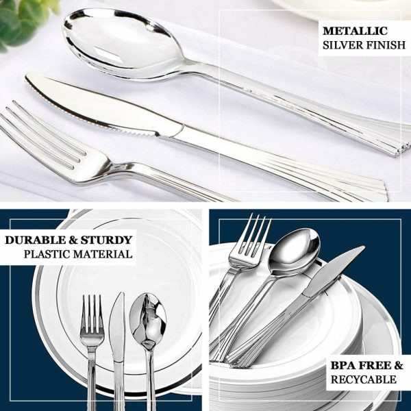 Disposable Utensils |  24 Pack Silver Heavy Duty Disposable Silverware Set With Fluted Handles, Plastic Utensils – 6″,7″