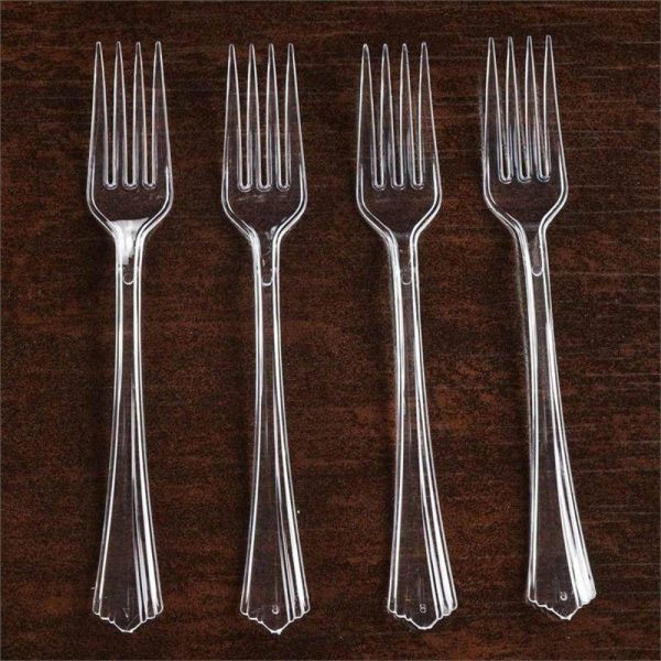 Disposable Utensils |  25 Pack 7″ Clear Heavy Duty Disposable Forks with Fluted Handles, Plastic Silverware