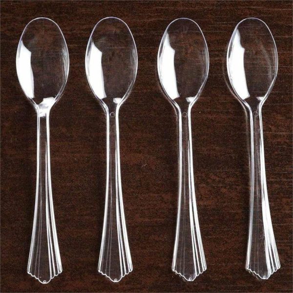 Disposable Utensils |  25 Pack 7″ Clear Heavy Duty Disposable Spoons with Fluted Handles, Plastic Silverware