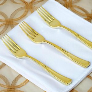 Disposable Utensils |  25 Pack 7″ Metallic Gold Classic Heavy Duty Disposable Forks, Plastic Silverware