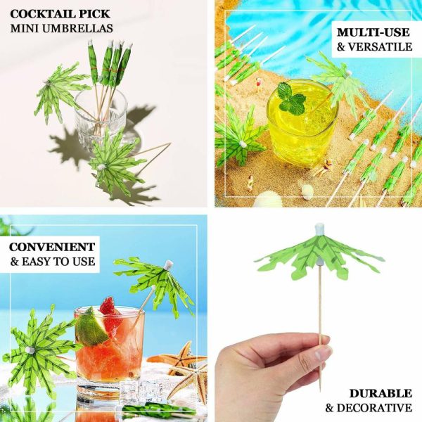 Disposable Utensils |  50 Pack 6″ Green Tropical Leaf Parasol Cocktail Drink Umbrella Picks, Natural Bamboo Skewer Sticks, Eco Friendly Disposable