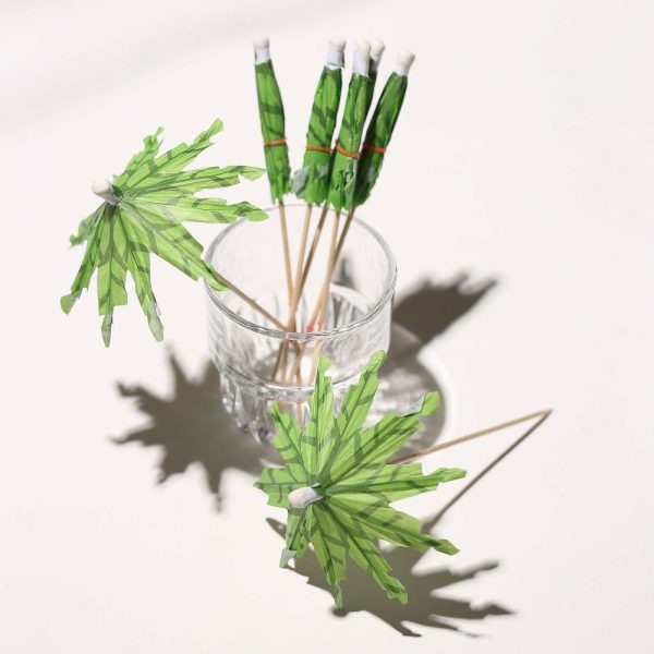 Disposable Utensils |  50 Pack 6″ Green Tropical Leaf Parasol Cocktail Drink Umbrella Picks, Natural Bamboo Skewer Sticks, Eco Friendly Disposable