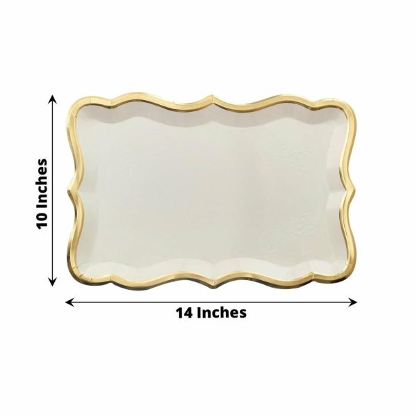 Eco-Friendly Natural Tableware |  10 Pack Elegant White Gold Rim Heavy Duty Paper Serving Trays, 400 GSM Disposable Rectangular Party Platters – 14″x10″