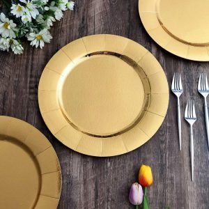 Eco-Friendly Natural Tableware |  10 Pack Gold Disposable 13″ Charger Plates, Cardboard Serving Tray, Round with Leathery Texture – 1100 GSM